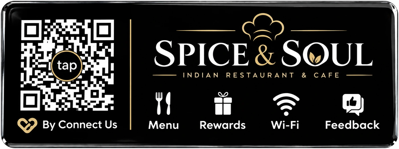 The table card: a QR code with an NFC tap point, and Menu, Rewards, Wi-Fi and Feedback icons